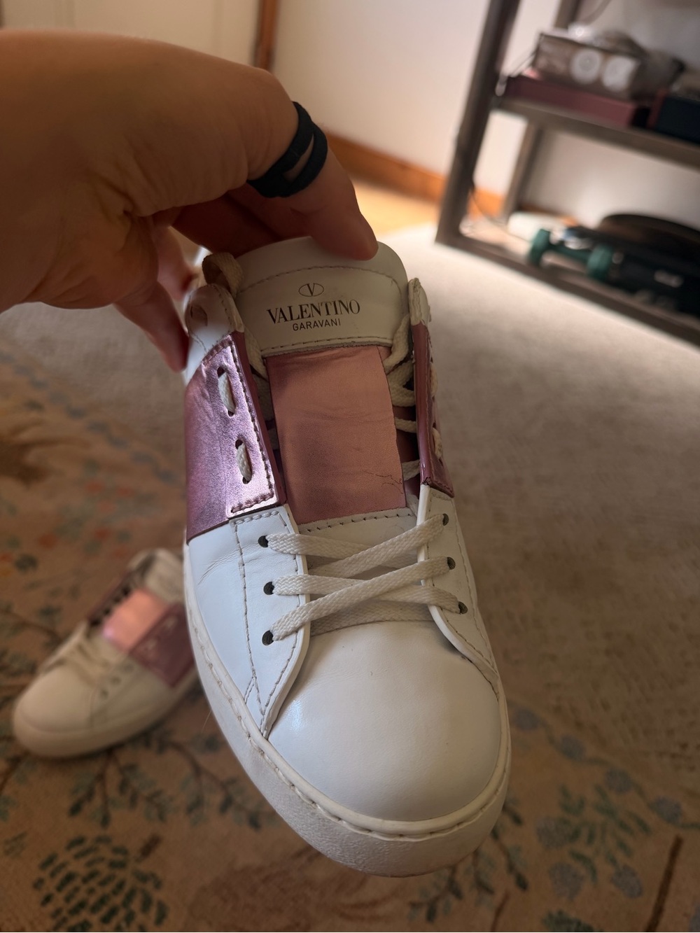 Valentino Garavani White Leather Sneakers with Pink Metallic Panel - Picture 3 of 16
